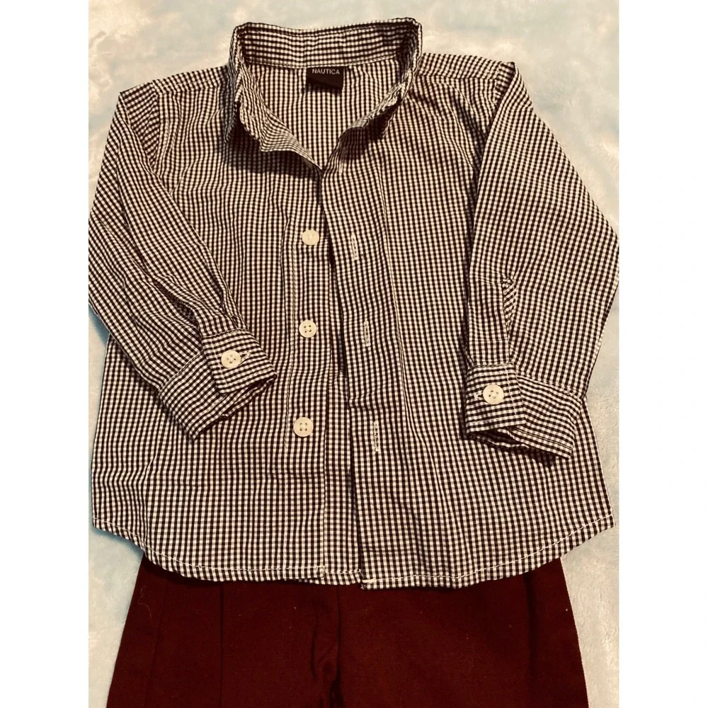 Nautica Boys 12M 2pc Set Gingham‎ Button Down Shirt and Burgundy Pants Outfit
